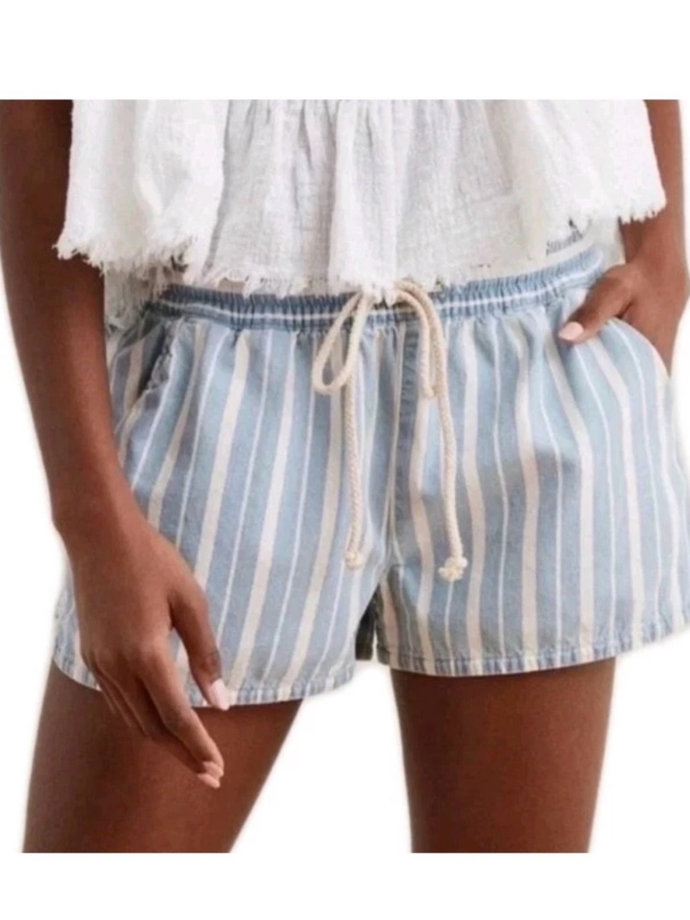 aerie Chambray Light Blue & White Striped Drawstring Shorts XL
